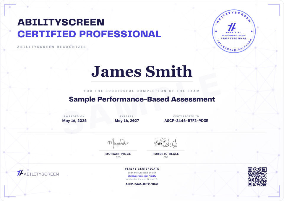 Full-size sample AbilityScreen Certified Professional certificate